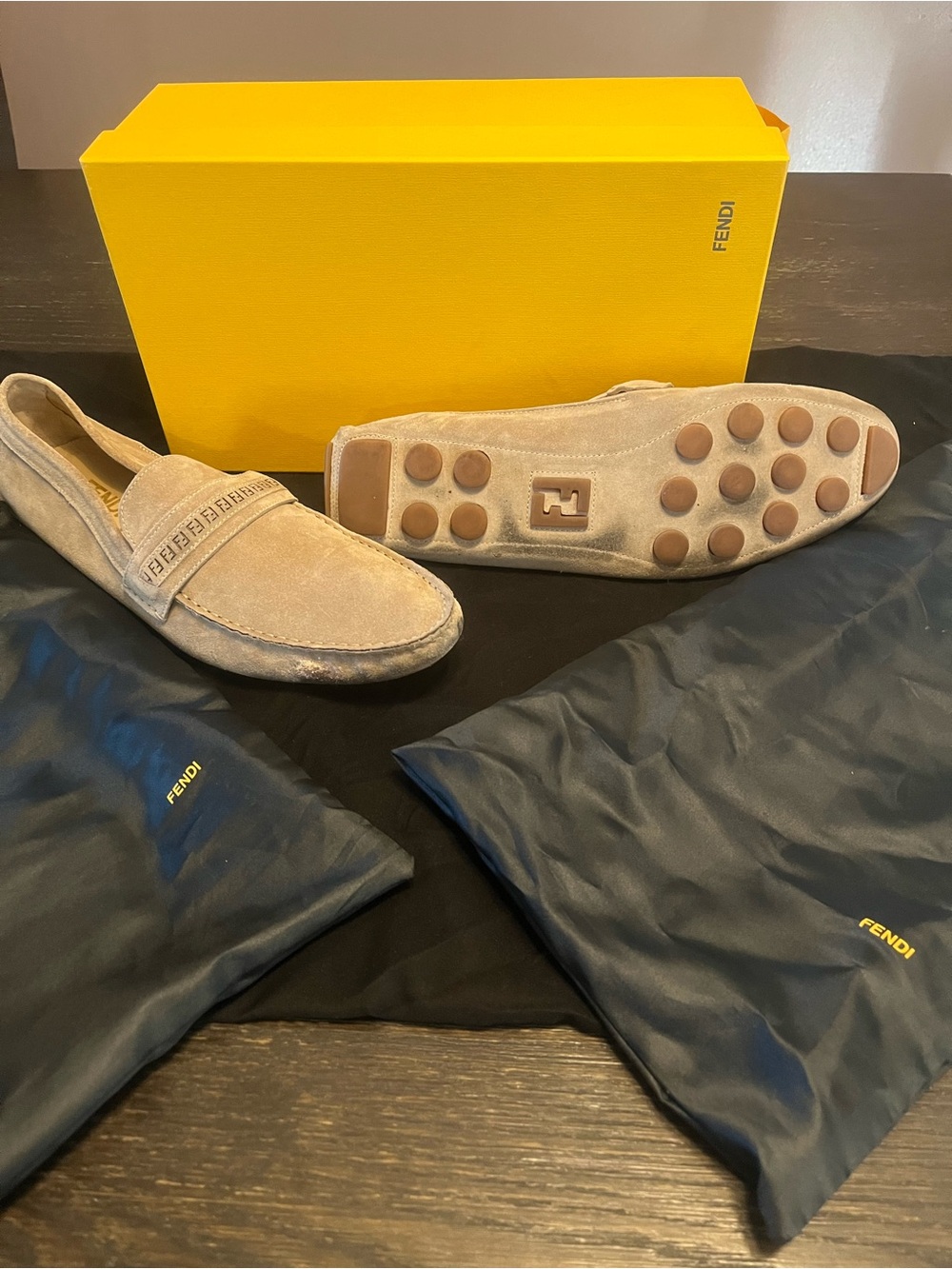 Fendi Men’s Suede Loafers in Beige and Tan